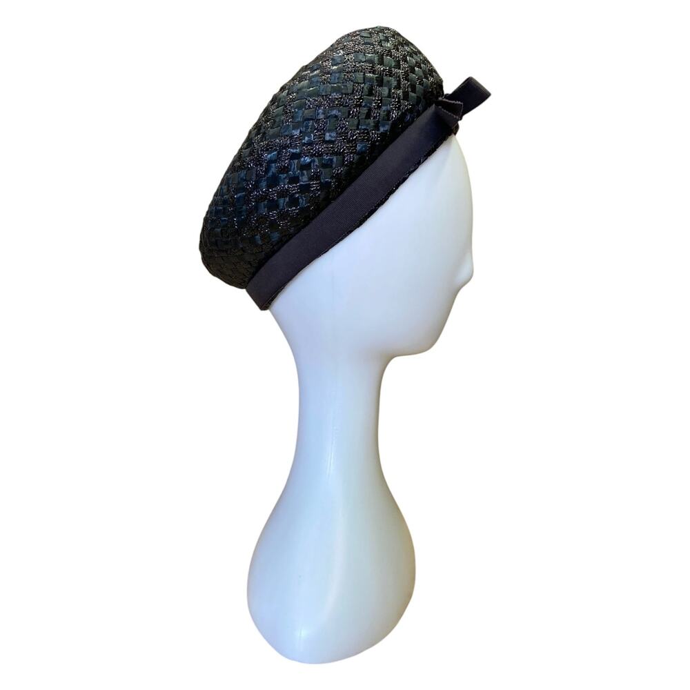 1960s Navy Blue Straw Pillbox Hat | Union Made Vintage Church Cocktail Hat - Picture 3 of 7